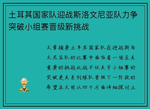 土耳其国家队迎战斯洛文尼亚队力争突破小组赛晋级新挑战