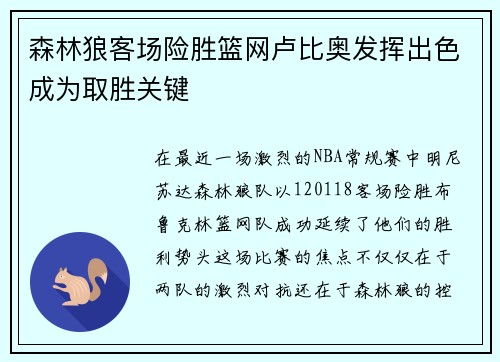 森林狼客场险胜篮网卢比奥发挥出色成为取胜关键