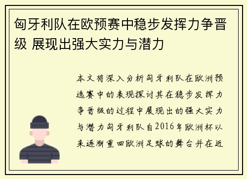 匈牙利队在欧预赛中稳步发挥力争晋级 展现出强大实力与潜力