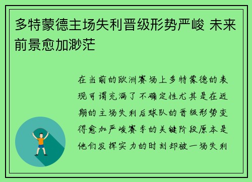 多特蒙德主场失利晋级形势严峻 未来前景愈加渺茫