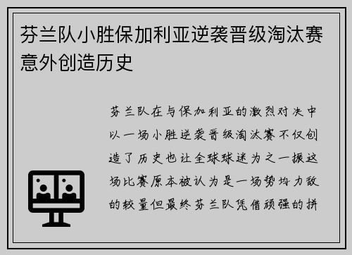 芬兰队小胜保加利亚逆袭晋级淘汰赛意外创造历史