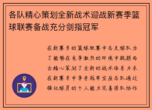 各队精心策划全新战术迎战新赛季篮球联赛备战充分剑指冠军