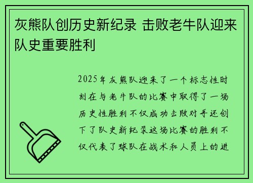 灰熊队创历史新纪录 击败老牛队迎来队史重要胜利